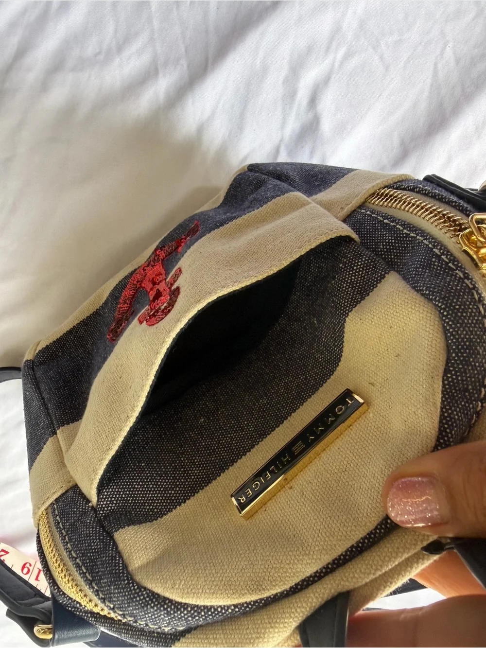 Tommy Hilfiger Striped Mini Backpack with Red Sequin Anchor